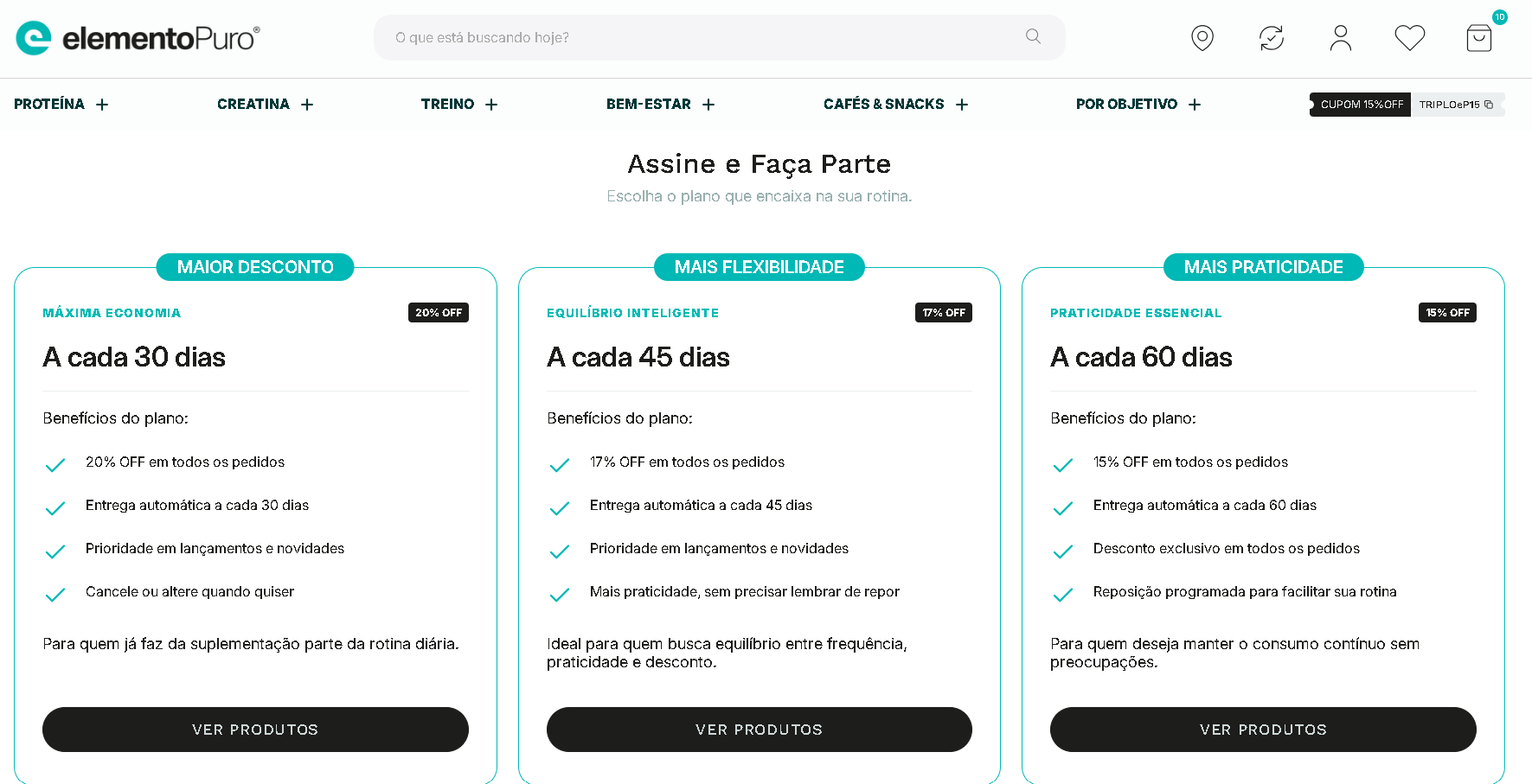 Página da elementoPuro com planos de assinatura a cada 30, 45 ou 60 dias e descontos de 20%, 17% e 15%.