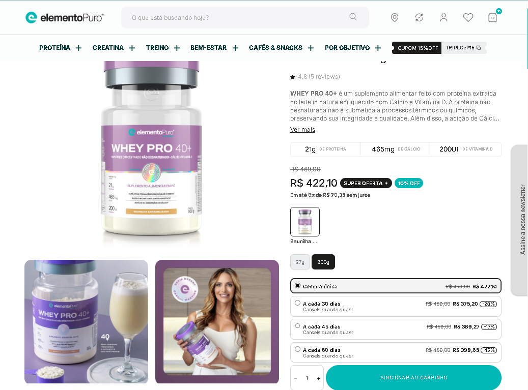 Página do WHEY PRO 40+ da elementoPuro com seleção de compra única ou assinatura em três frequências.